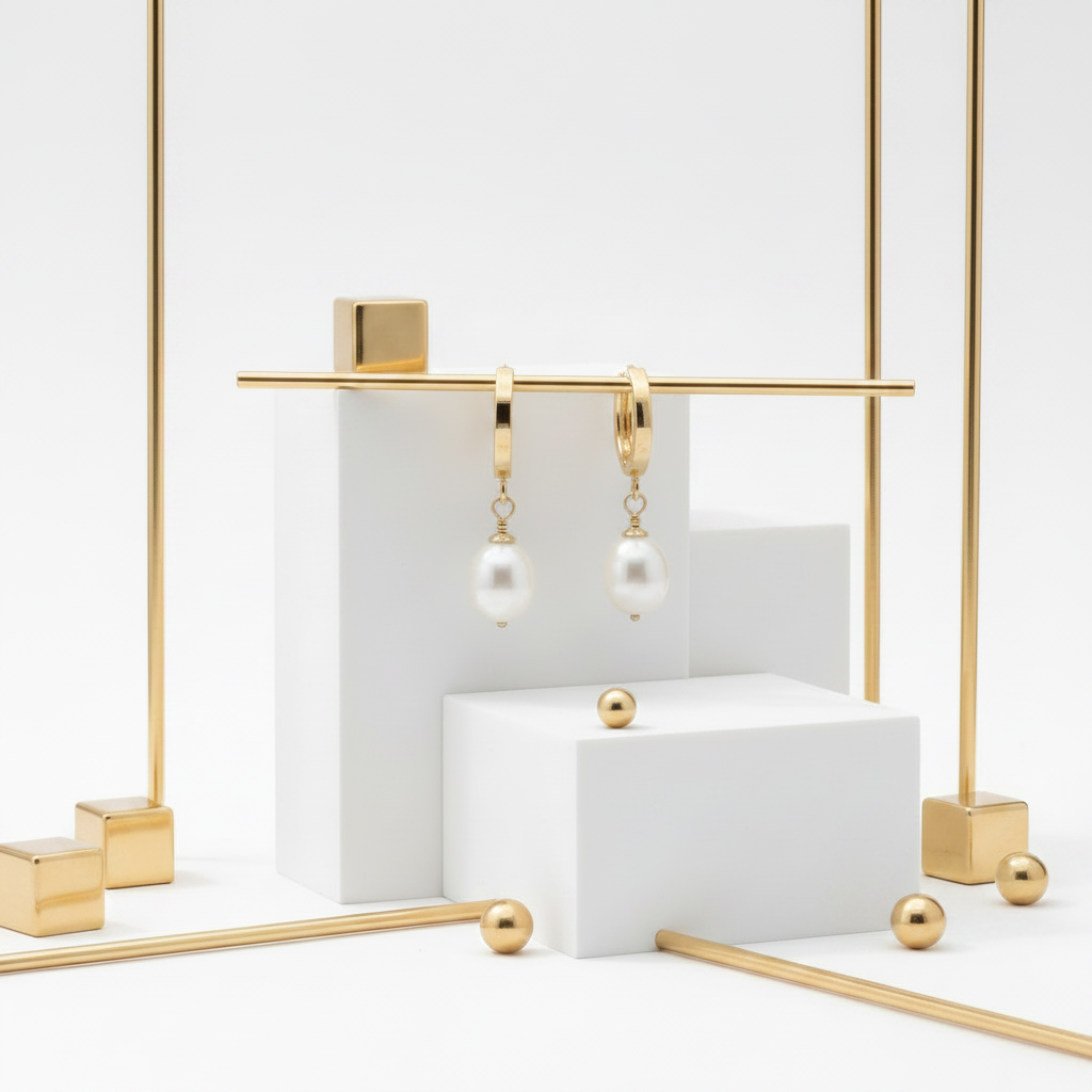 Freshwater pearl huggie hoop earrings hanging gold bar – 18K gold plated jewelry

