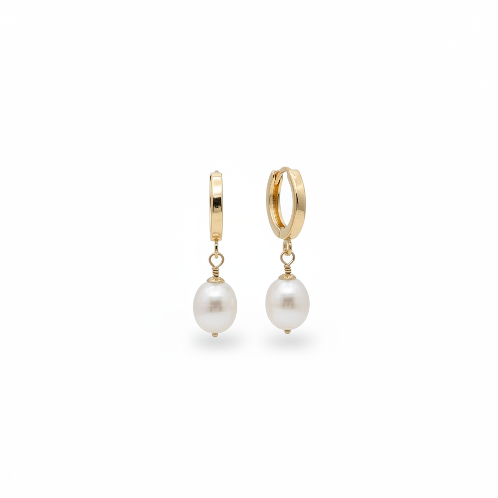 Freshwater pearl drop huggie hoop earrings 18K gold plated – 9mm pearl dangle

