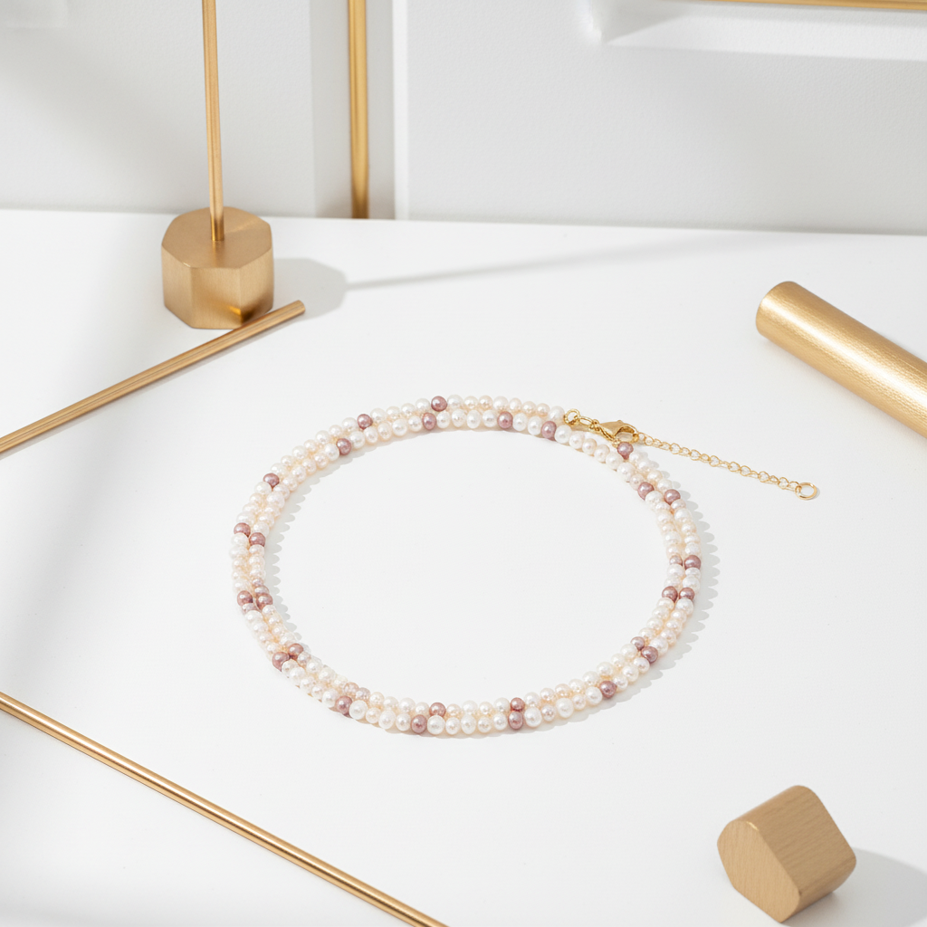 14k gold filled freshwater pearl necklace displayed on white and gold background
