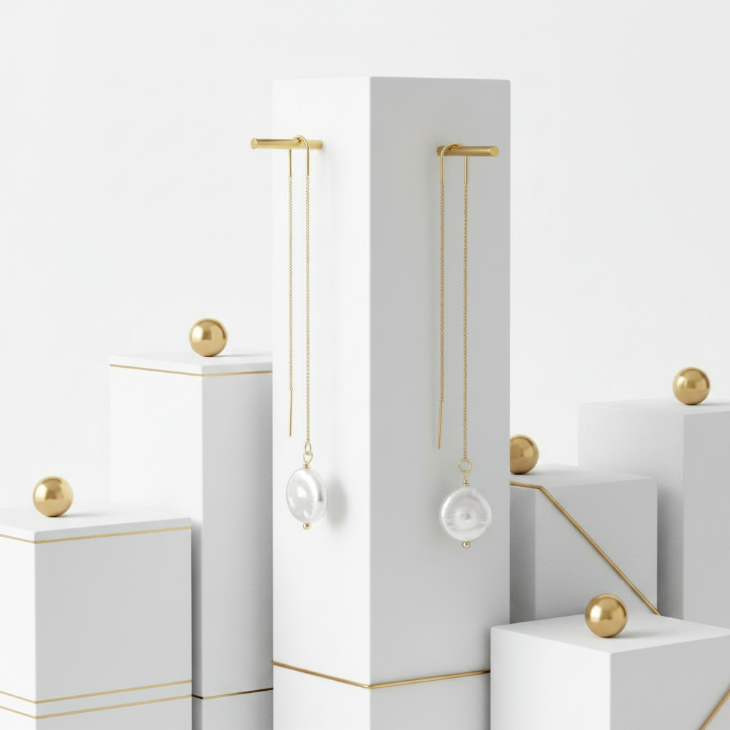 18k Gold Plated Pearl Threader Earrings Minimalist Dangle Earrings for Women
