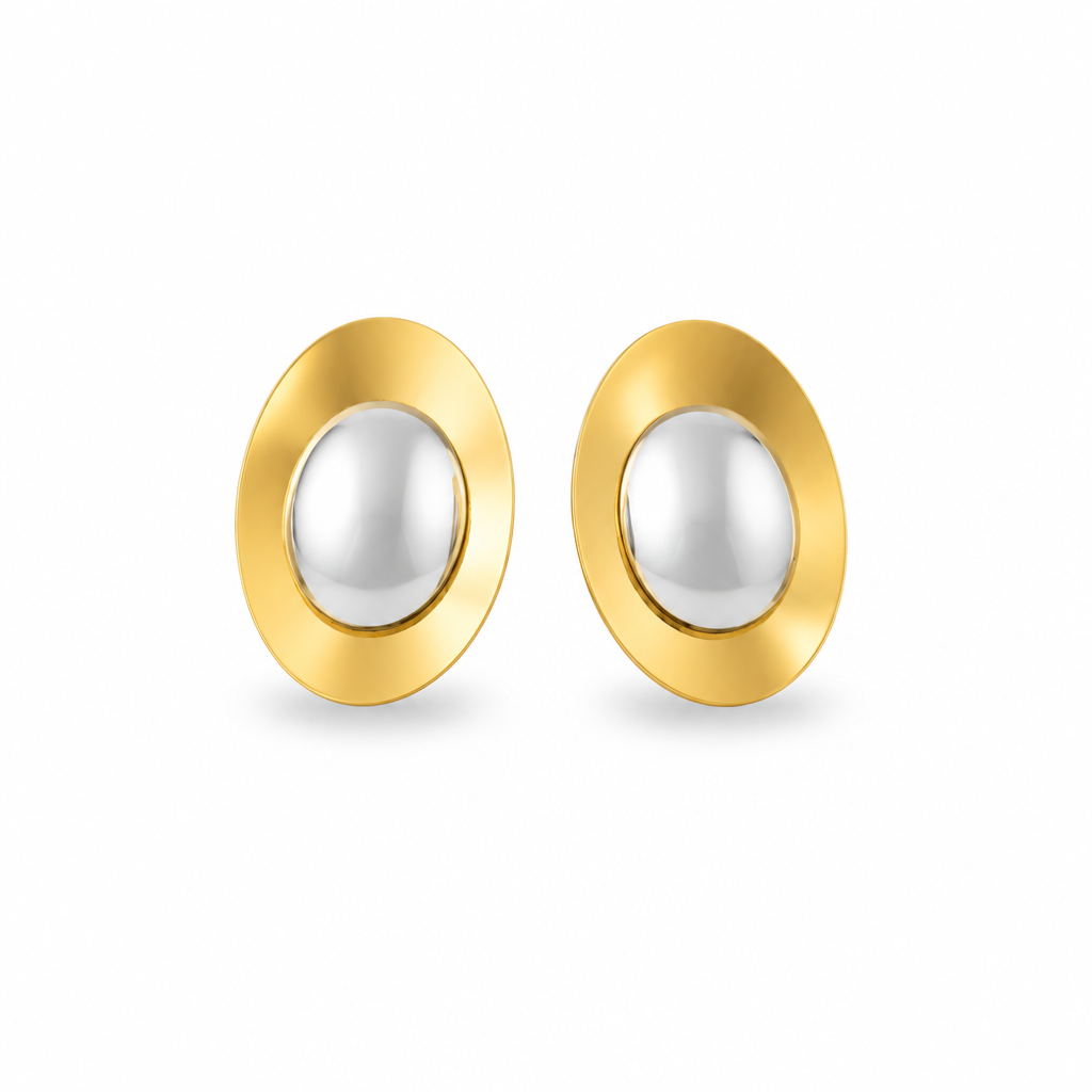Two tone oval stud earrings in stainless steel and 18k PVD Gold with domed silver tone centres on a white background