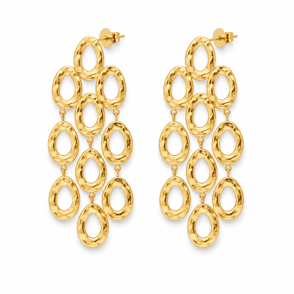 18k PVD Gold chandelier earrings with cascading textured oval rings and stud backs on a white background