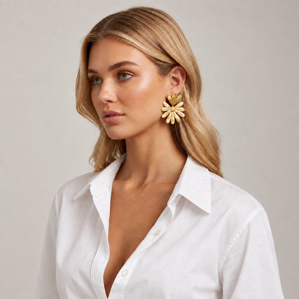 Bold 18k PVD Gold flower earrings worn to show their size and two part floral design