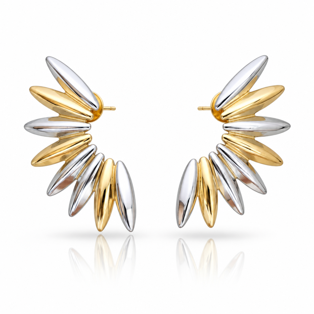 Sculptural petal stud earrings in 18k PVD Gold and rhodium with alternating gold and silver petals on a white background