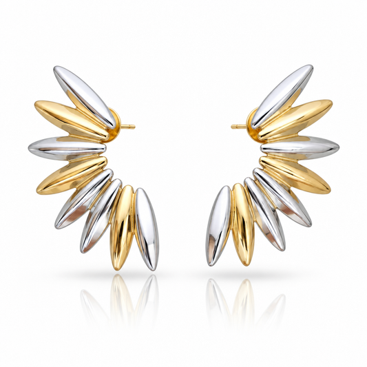 Sculptural petal stud earrings in 18k PVD Gold and rhodium with alternating gold and silver petals on a white background