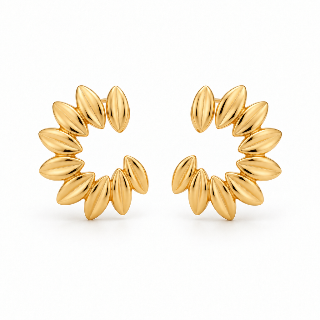 Flower petal open hoop earrings in 18k PVD Gold with polished curved petals on a white background