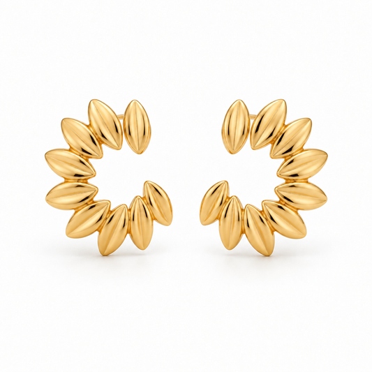 Flower petal open hoop earrings in 18k PVD Gold with polished curved petals on a white background