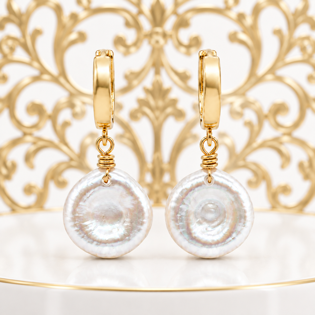 Keshi pearl hoop earrings on a white podium with an ornate gold filigree screen in the background
