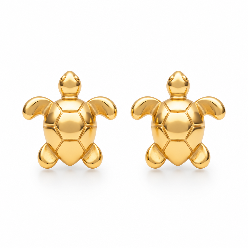 3D turtle stud earrings in 18k Gold Plated with hexagonal shell detail on a white background