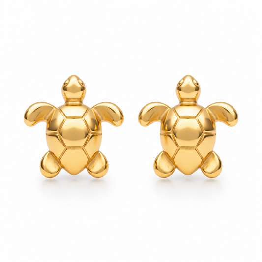 3D turtle stud earrings in 18k Gold Plated with hexagonal shell detail on a white background