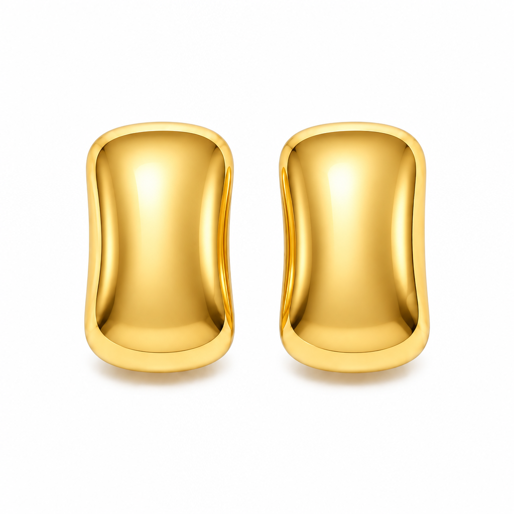Polished domed rectangular stud earrings in 18k PVD Gold on a white background