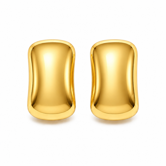 Polished domed rectangular stud earrings in 18k PVD Gold on a white background