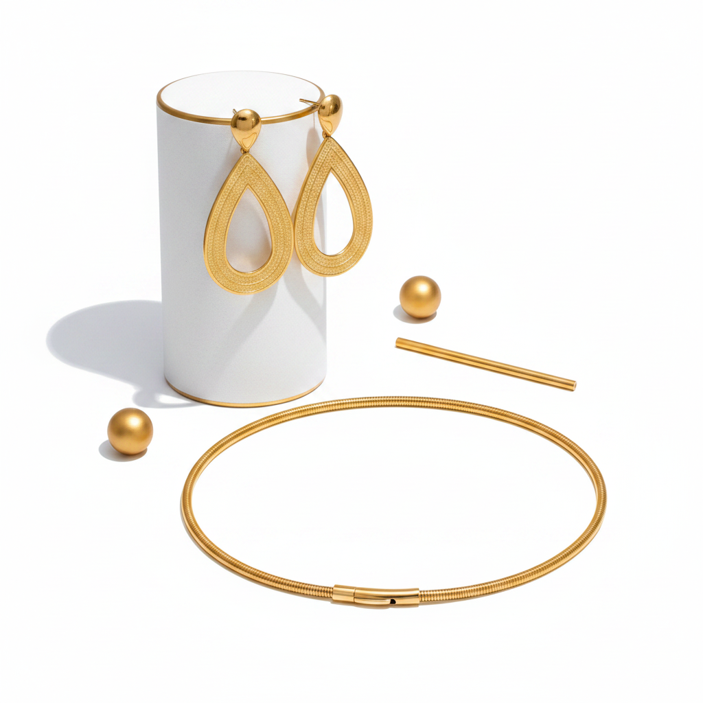 Textured 18k PVD Gold teardrop earrings and flexible Tubogas choker with gold styling props

