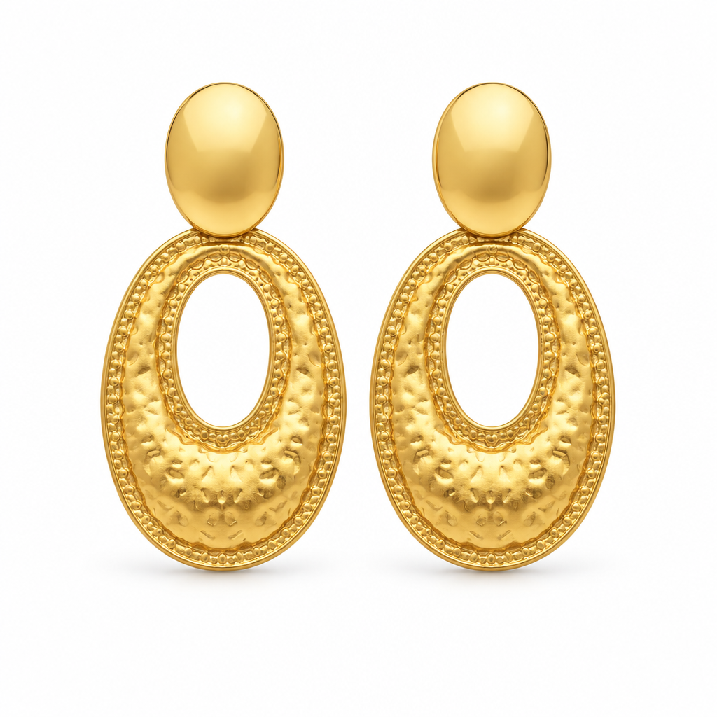 Hammered open oval drop earrings in 18k PVD Gold with polished oval tops, shown front facing on a white background