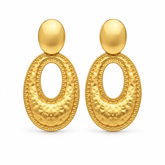 Hammered open oval drop earrings in 18k PVD Gold with polished oval tops, shown front facing on a white background