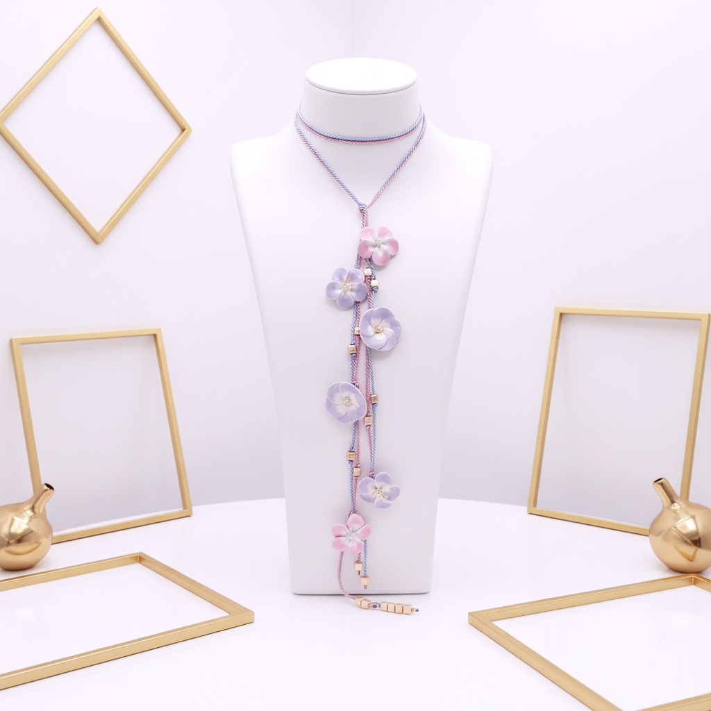 Pink and purple ceramic flower necklace displayed in elegant white and gold setting - luxury handmade jewelry