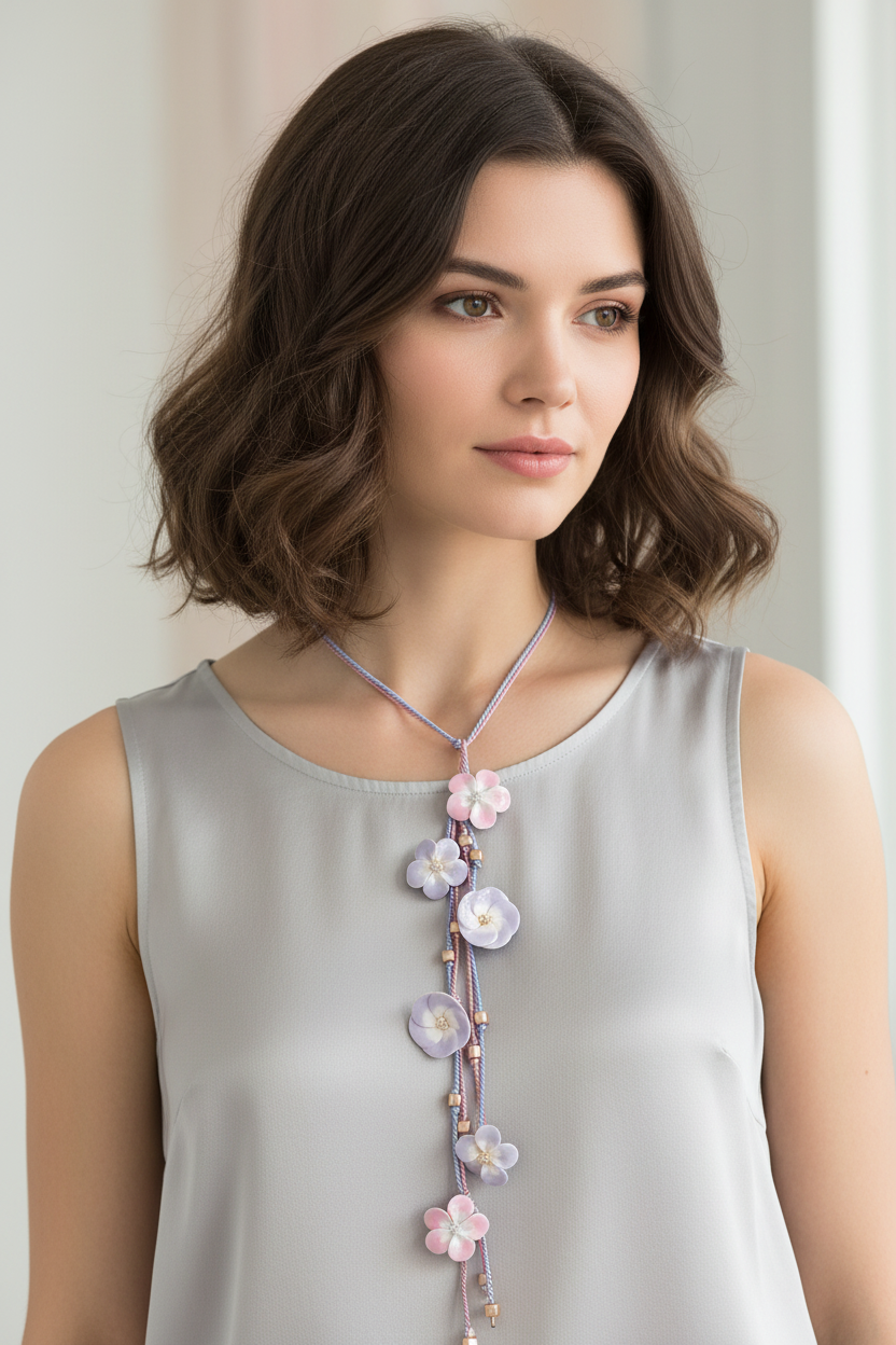 Brown-haired model wearing pink lavender ceramic flower silk lariat necklace - romantic handmade jewelry styling