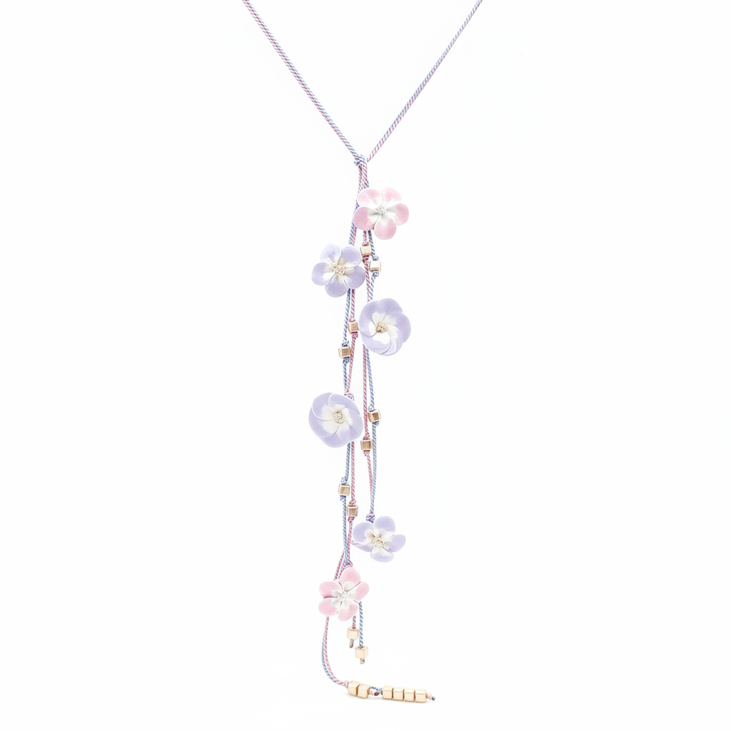 Handmade pink and lavender ceramic flower lariat necklace on white background - French artisan silk jewelry