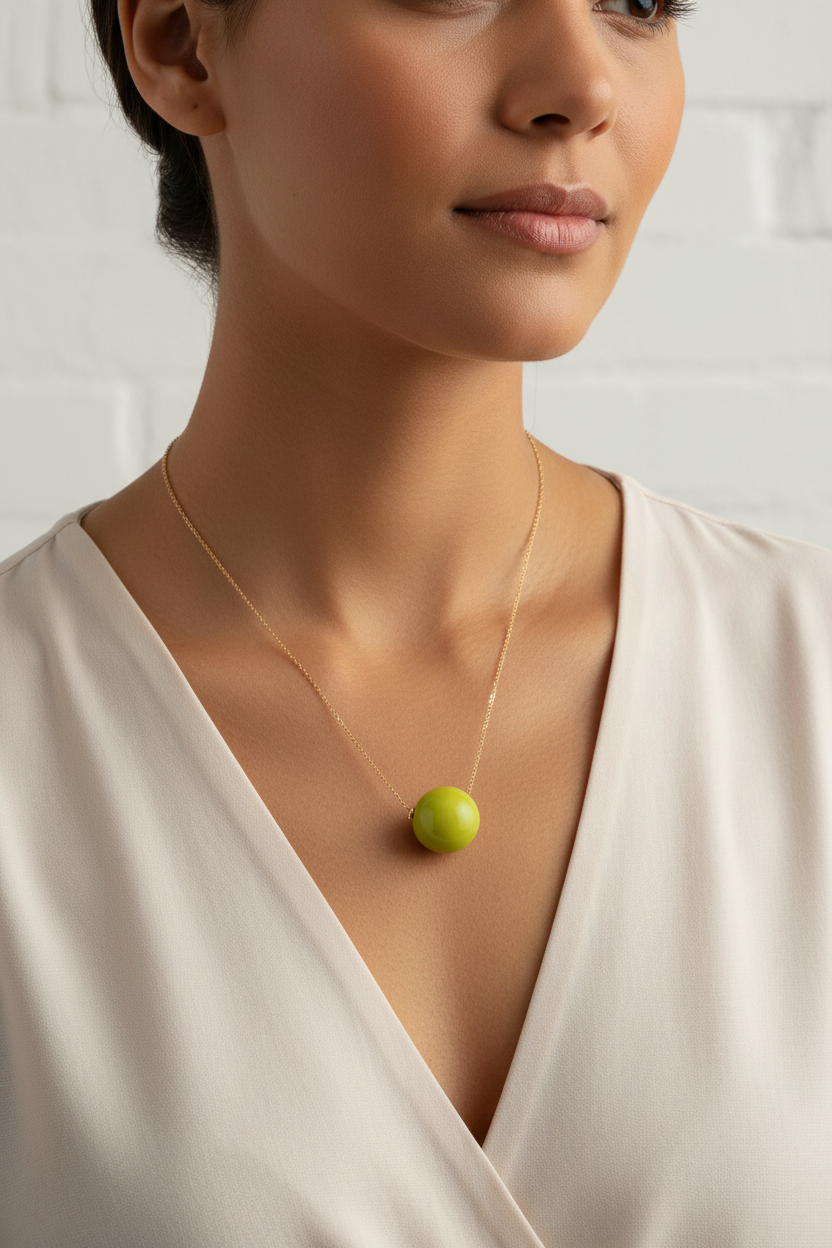 Pistachio Tagua Bead Pendant Necklace Gold Chain Worn by Woman

