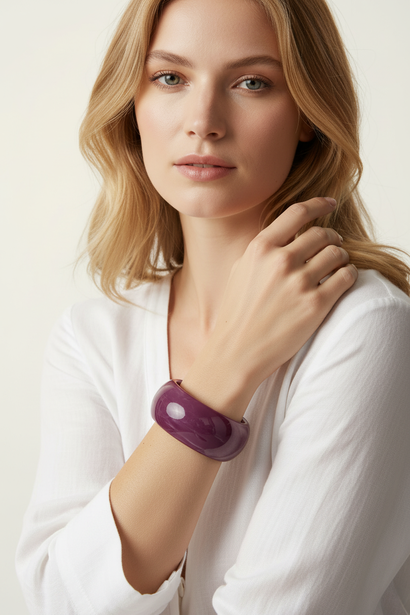 Plum Purple Chunky Resin Bangle Worn by Model - Stackable Summer Bracelet | Ms Friesch