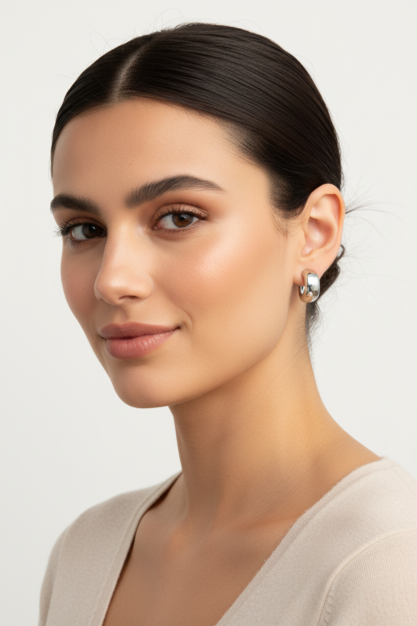 Chunky Rhodium Open Hoop Stud Earrings Worn by Model - 22mm Silver Tone | Ms Friesch