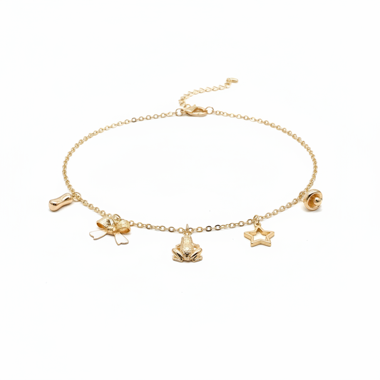 18k Gold Plated 3D Charm Necklace with Frog, Bean, Bow, Star and Mushroom Charms on white background
