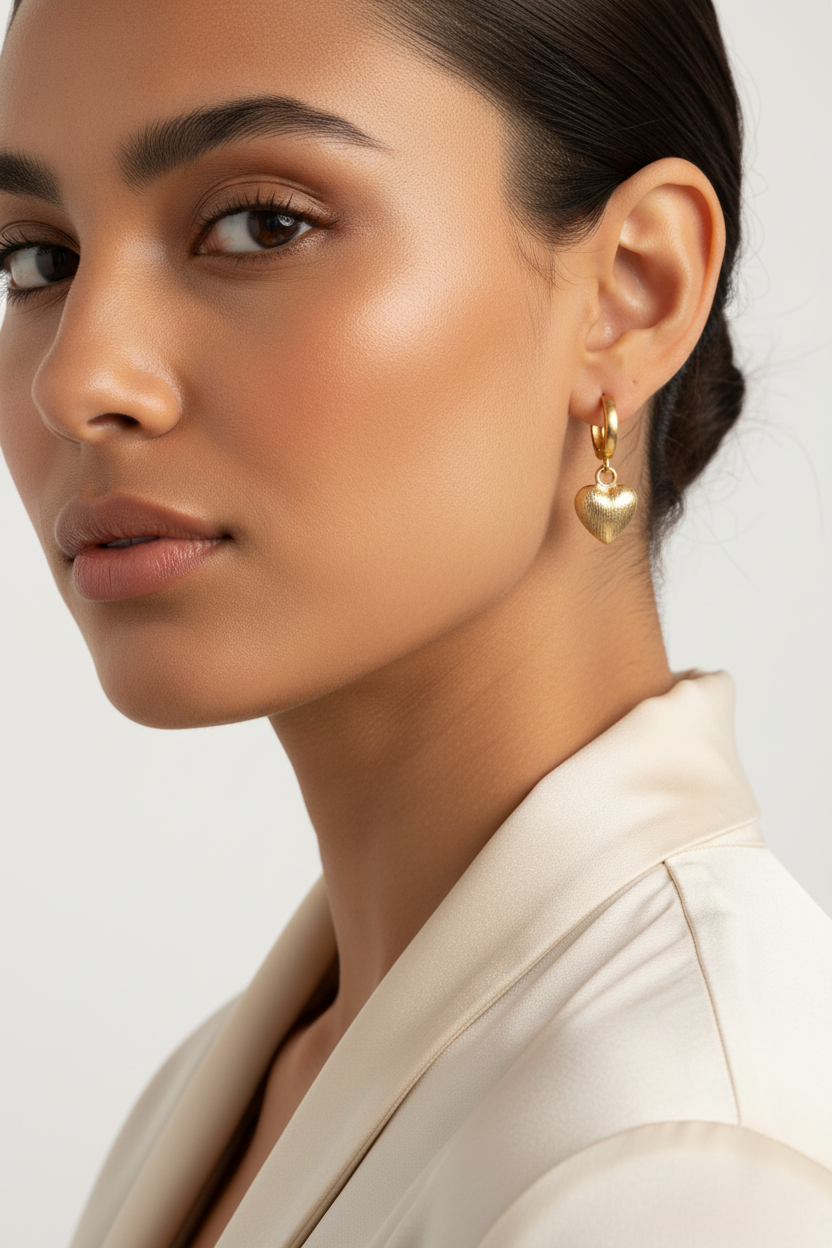 18k Gold Plated Puffed Heart Huggie Earrings – Close Up on Ear
