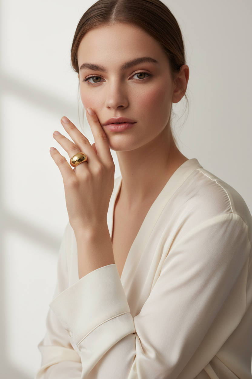 18k PVD Gold Domed Ring on Model – Chunky Gold Statement Ring for Women
