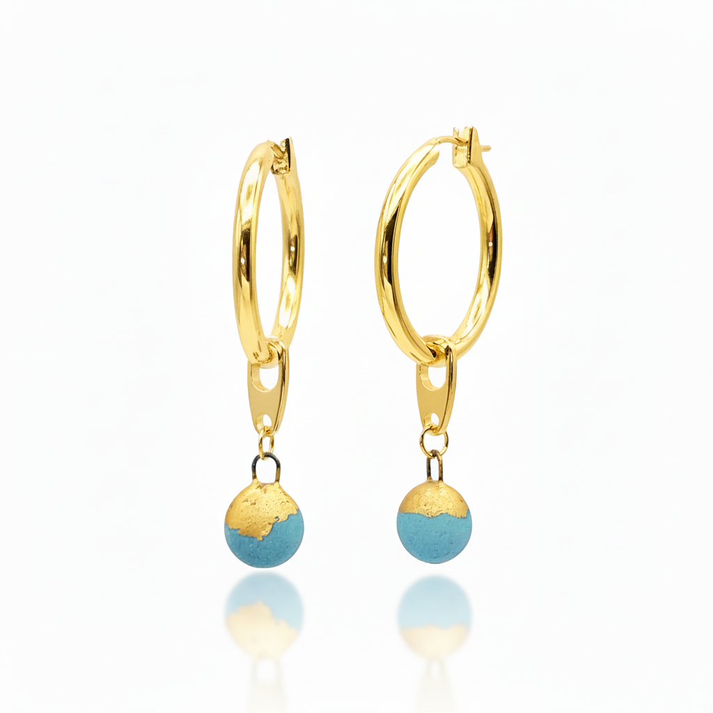 Gold plated hoop earrings with turquoise ceramic charm 18k gold hoops statement earrings luxury jewelry