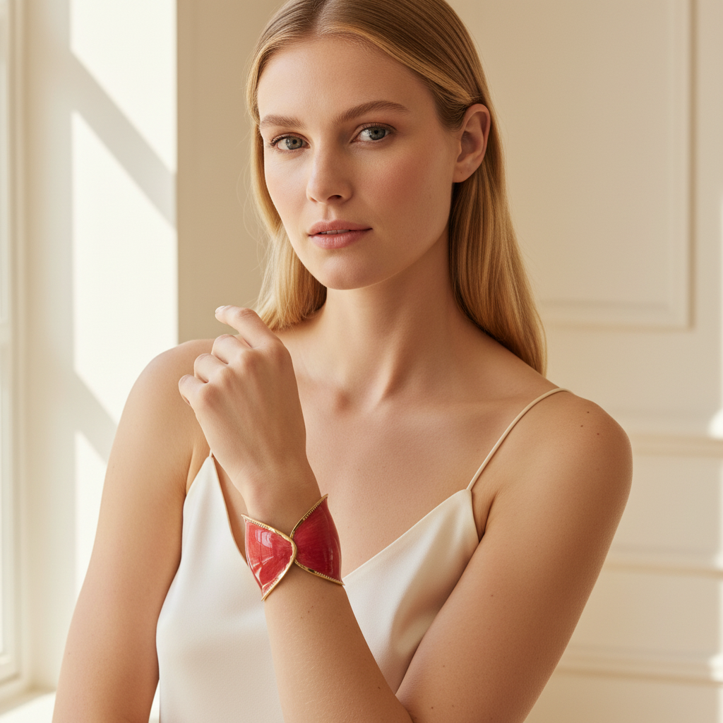 Red Enamel Gold Plated Cuff Bracelet Worn by Woman Statement Bangle
