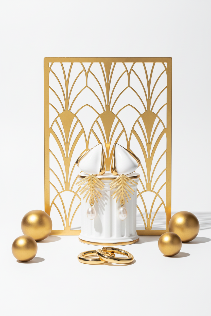 Three pairs of gold earrings with white enamel, leaf pearl drops and chunky hoops on an Art Deco display


