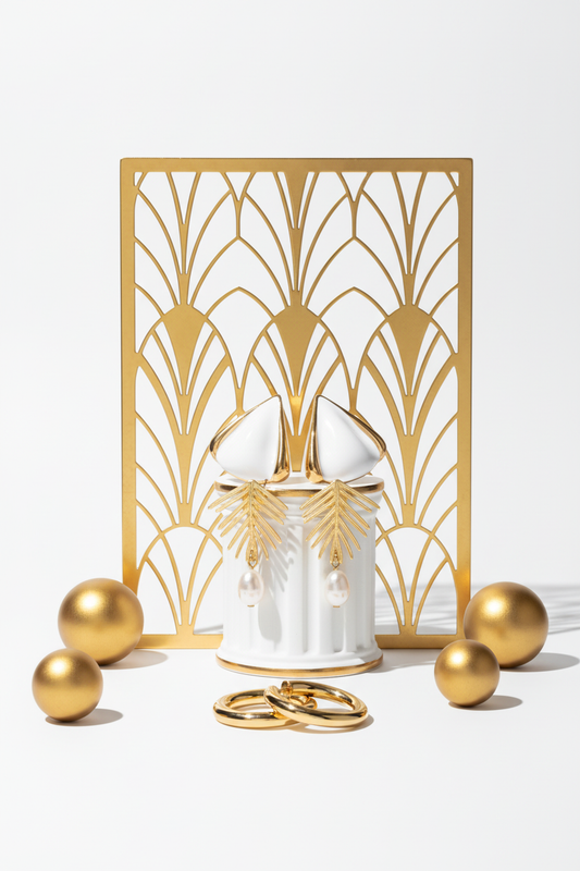 Three pairs of gold earrings with white enamel, leaf pearl drops and chunky hoops on an Art Deco display


