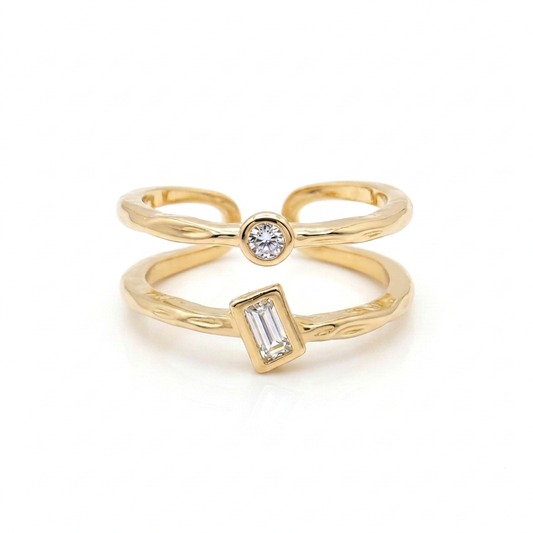18k Gold Plated double band open ring with round and baguette cubic zirconia