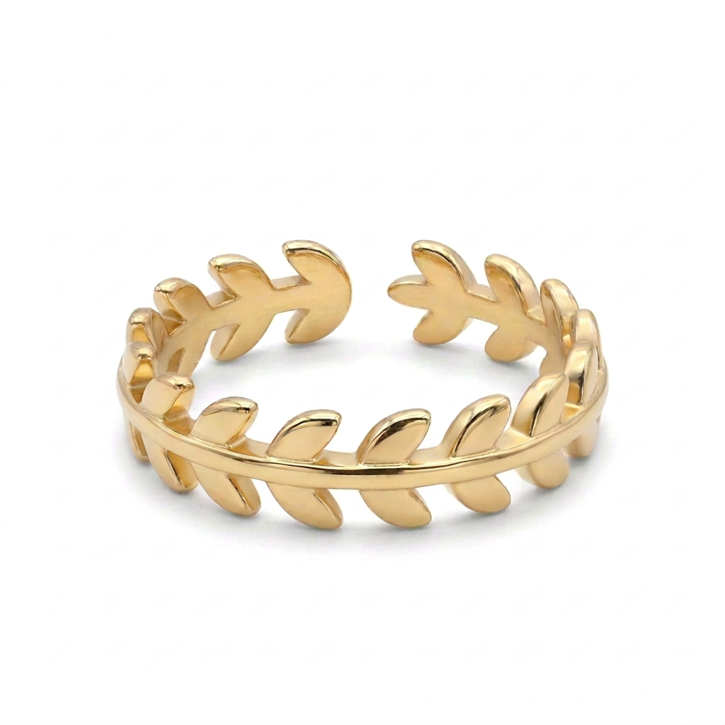 18k Gold Plated open leaf ring with smooth leaves and a polished central band on a white background