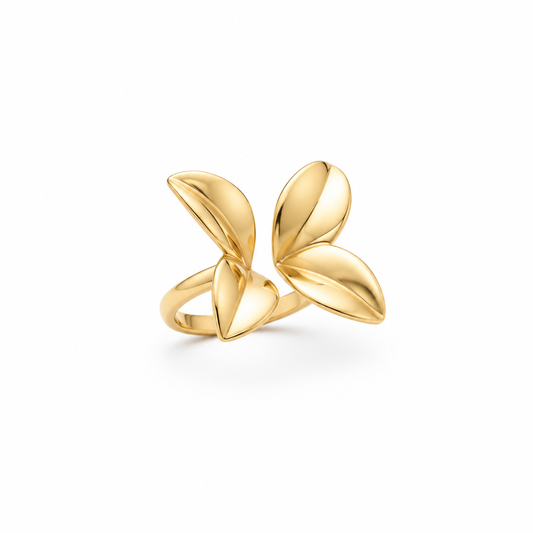 Flower petals adjustable ring in 18k PVD Gold stainless steel with four sculpted petals on a white background