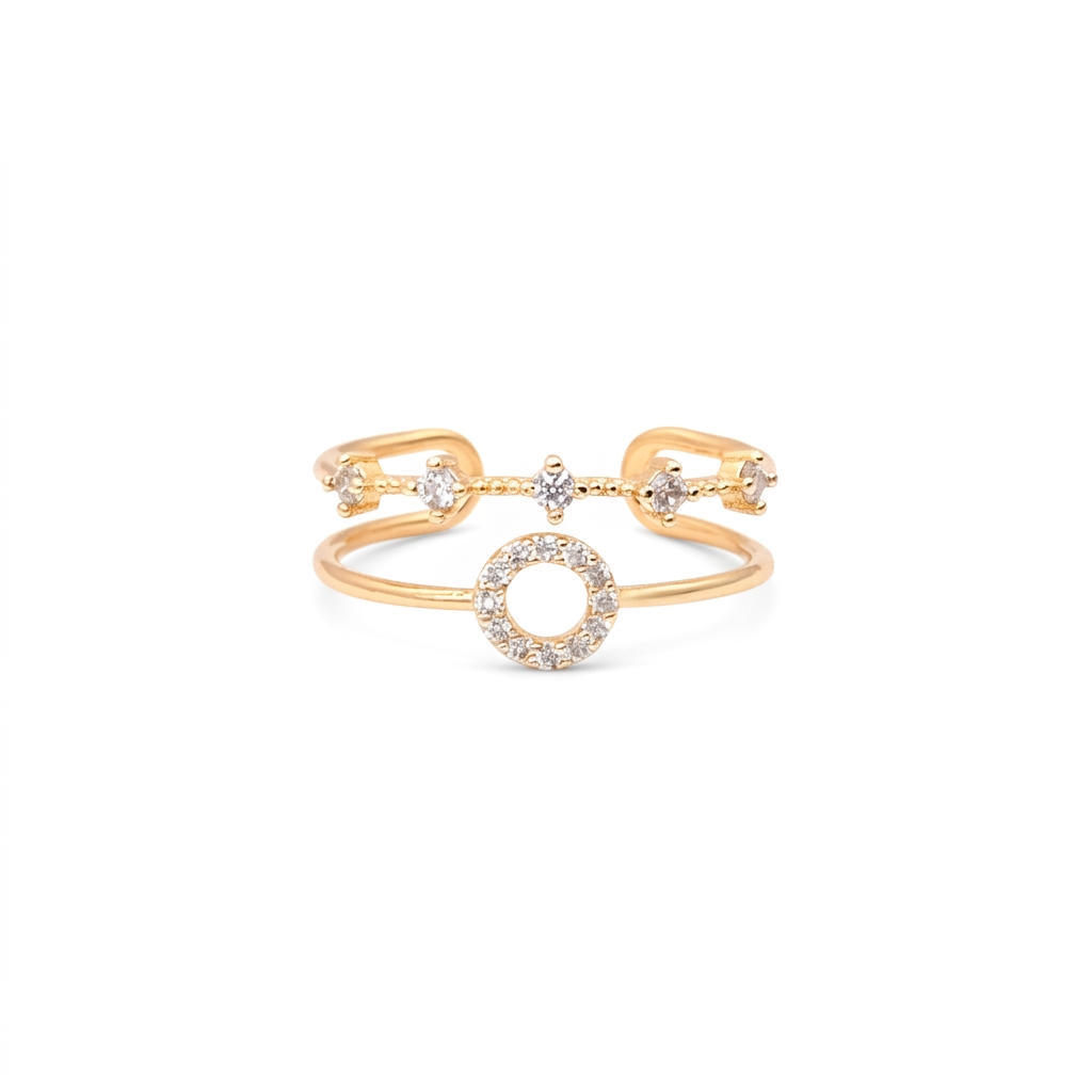 18k Gold Plated double band ring with an open cubic zirconia circle and spaced CZ stones on a white background