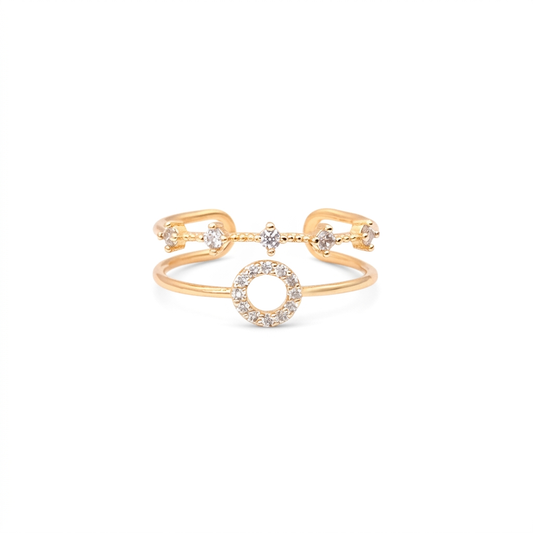 18k Gold Plated double band ring with an open cubic zirconia circle and spaced CZ stones on a white background