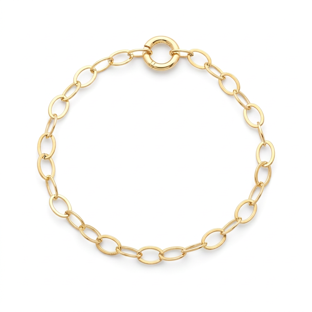 18k Gold Plated oval link chain necklace with a round 14k Gold Filled clasp on a white background