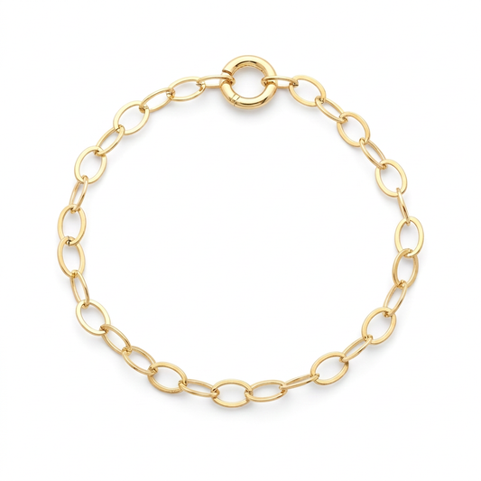 18k Gold Plated oval link chain necklace with a round 14k Gold Filled clasp on a white background