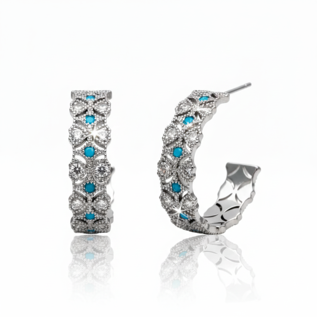 Silver rhodium plated open hoop earrings with white and turquoise CZ studs showcasing brilliant shine and premium finish