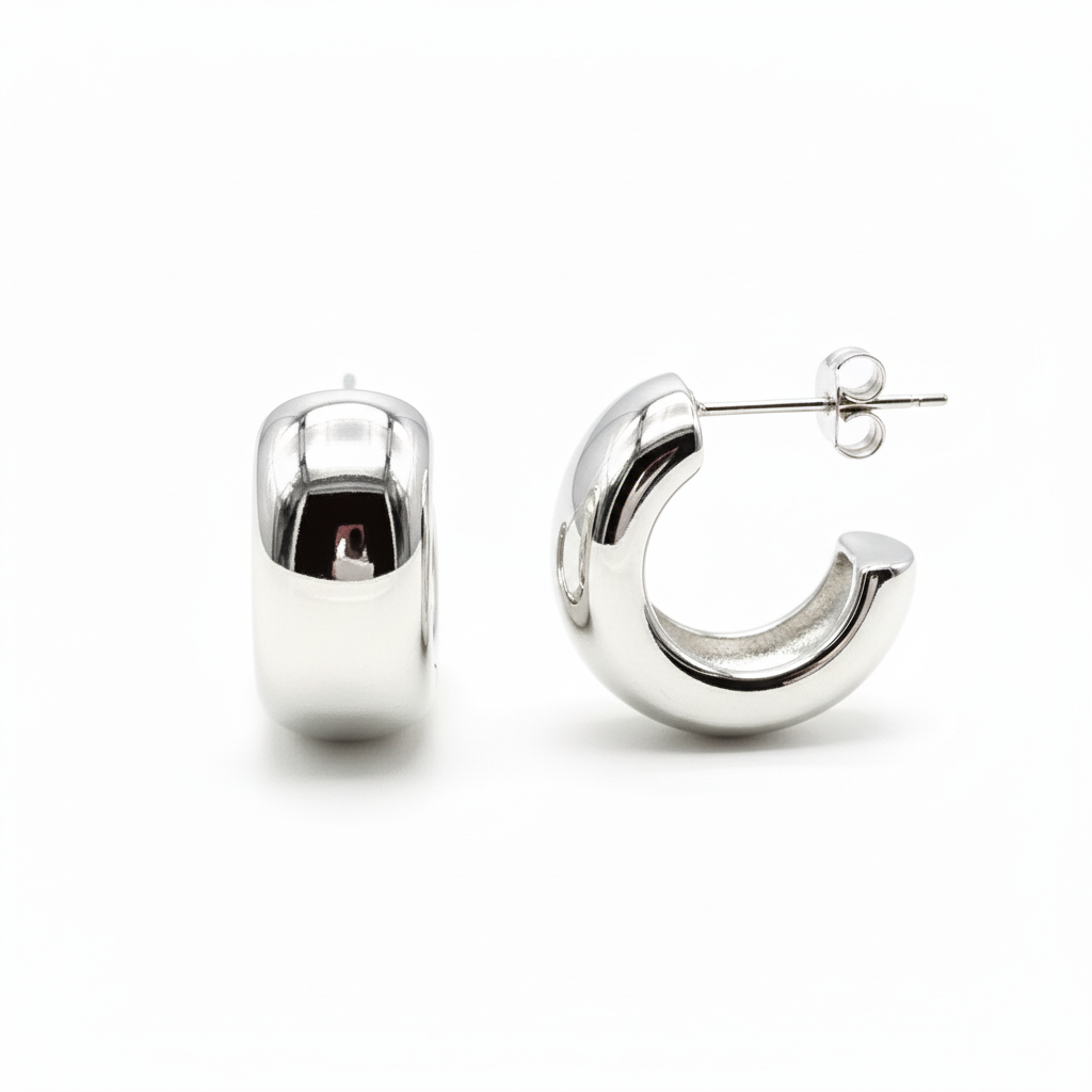 Chunky Open Hoop Stud Earrings Rhodium Plated 22mm - Side View | Ms Friesch