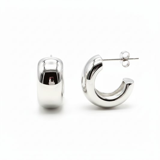 Chunky Open Hoop Stud Earrings Rhodium Plated 22mm - Side View | Ms Friesch