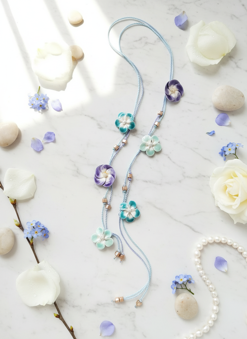 Romantic Chic Three Ceramic Flowers Necklace
