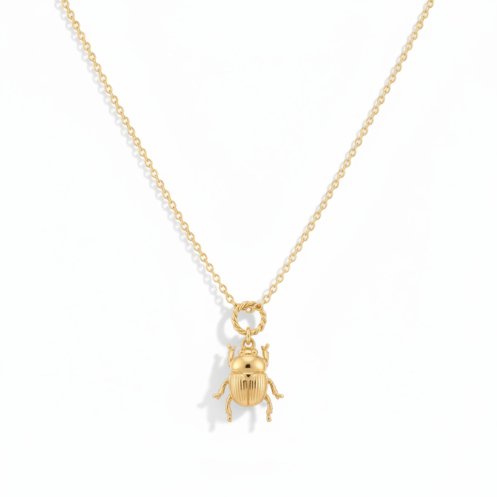 18k gold plated scarab beetle charm necklace on white background, delicate rolo chain with twisted jump ring, 10x13mm gold scarab pendant
