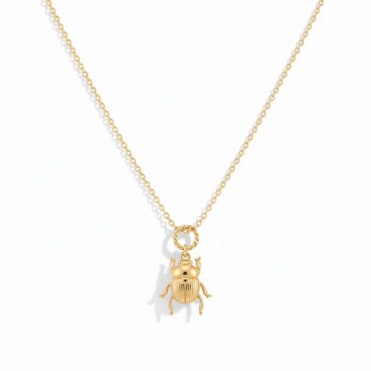 18k gold plated scarab beetle charm necklace on white background, delicate rolo chain with twisted jump ring, 10x13mm gold scarab pendant
