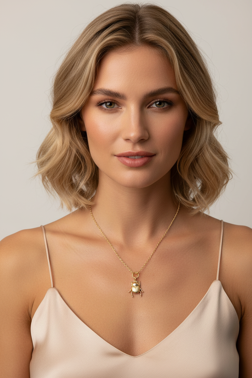 Woman wearing 18k gold scarab beetle charm necklace, small gold beetle pendant on rolo chain, elegant jewelry gift for her
