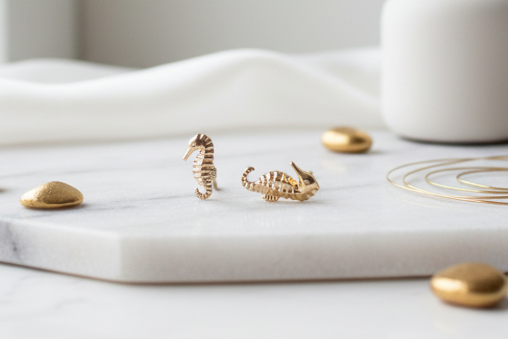 Luxury gold plated seahorse stud earrings - ocean inspired jewelry Ms Friesch
