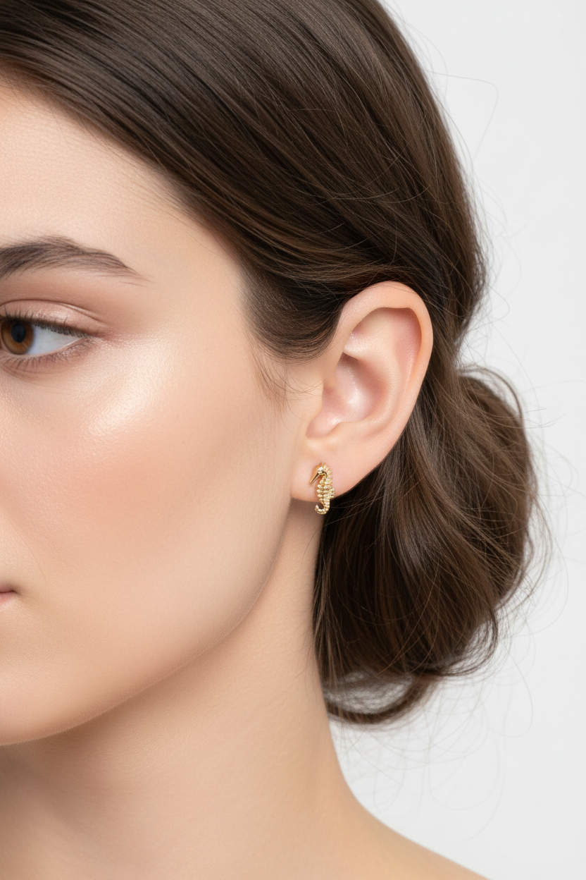 Gold seahorse earrings on model - small stud earrings for second piercing
