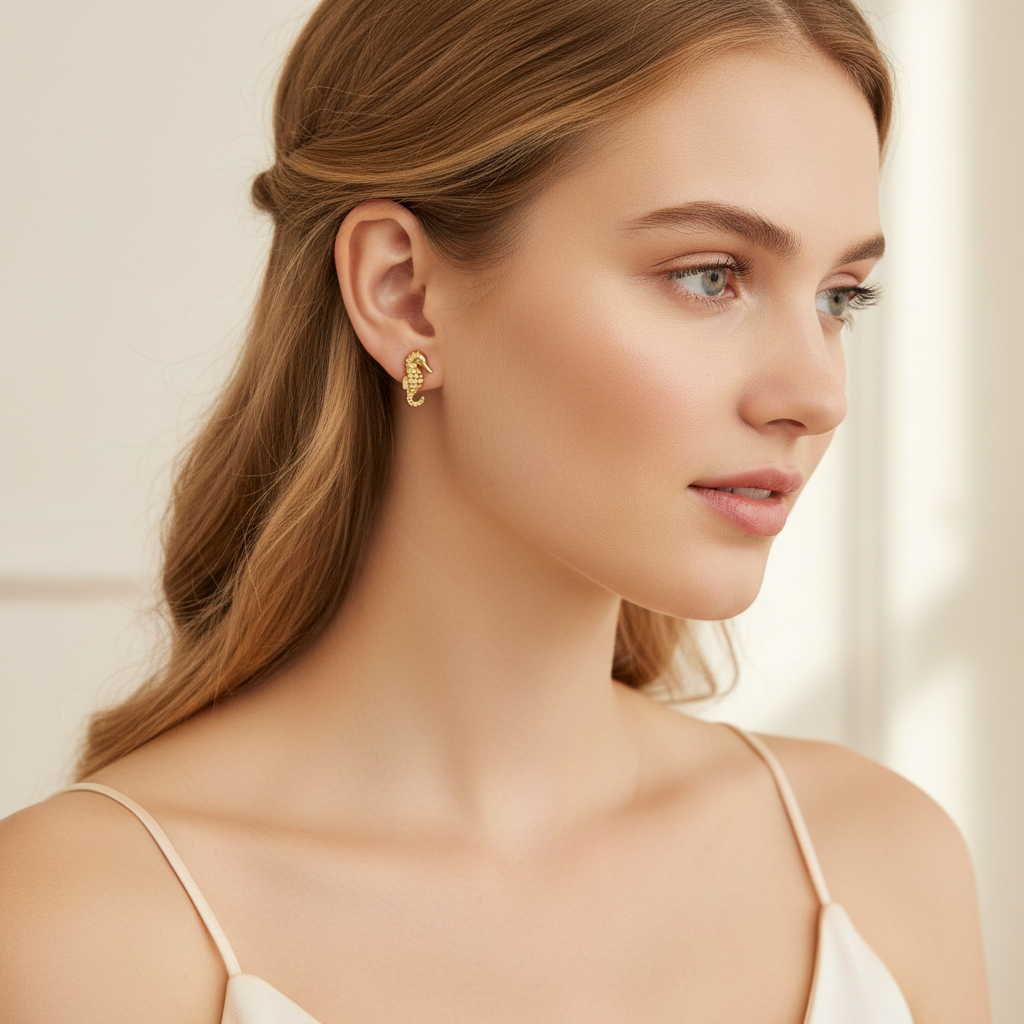 18k Gold Plated Seahorse Stud Earrings on Model Dainty Ocean Earrings for Women
