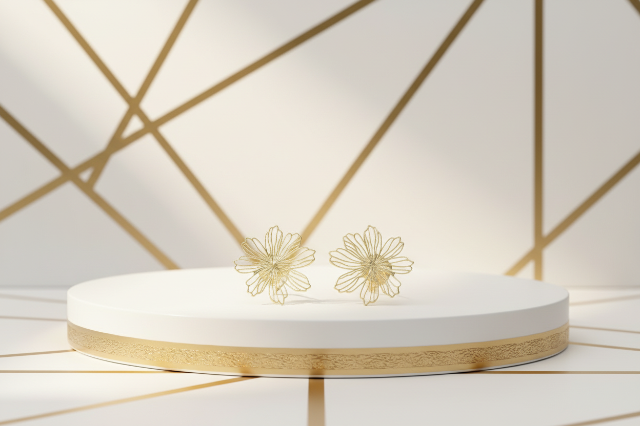 Shiny 18k gold plated flower stud earrings in elegant white and gold setting